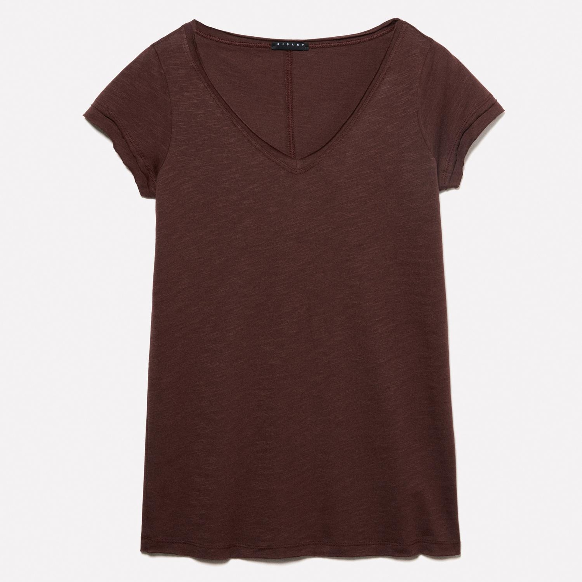 Kadın Koyu kahverengi Pamuk Modal Karışımlı Normal Kalıp V Yaka Slub T-Shirt