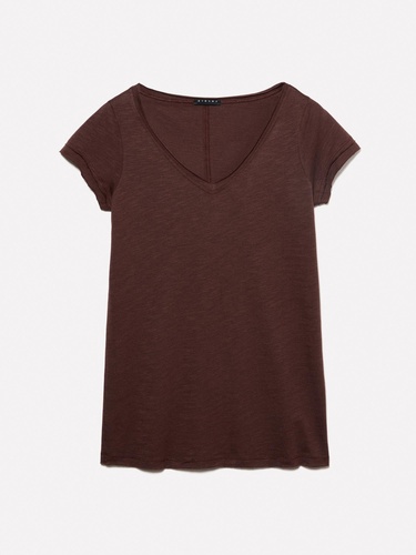  Kadın Koyu kahverengi Pamuk Modal Karışımlı Normal Kalıp V Yaka Slub T-Shirt