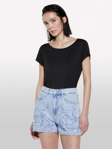  Kadın Siyah Viskoz Karışımlı Bisiklet Yaka Regular Fit T-Shirt