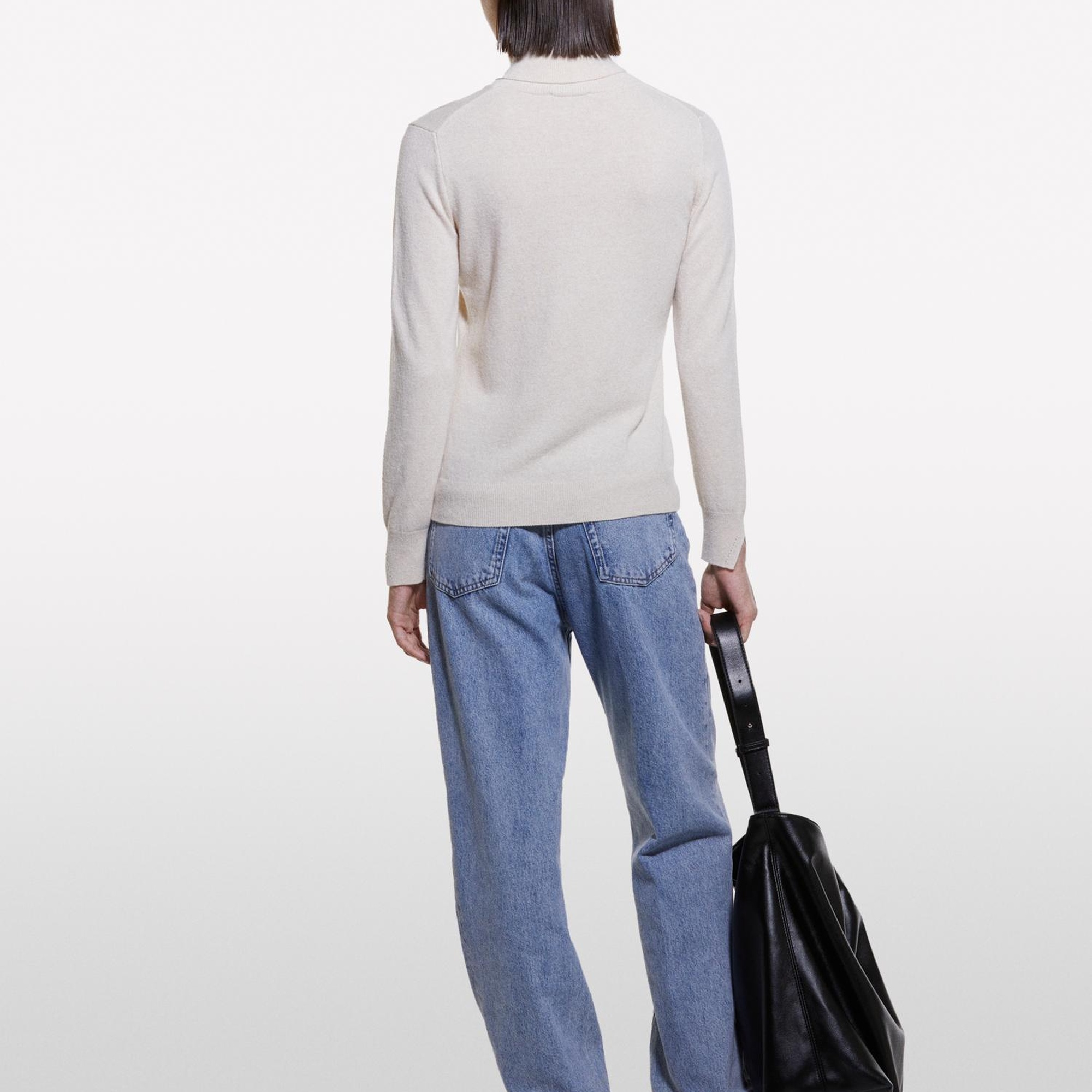 Kadın Krem Yün ve Kaşmir Karışımlı Ribana Detaylı Balıkçı Yaka Kazak