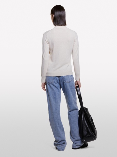  Kadın Krem Yün ve Kaşmir Karışımlı Ribana Detaylı Balıkçı Yaka Kazak