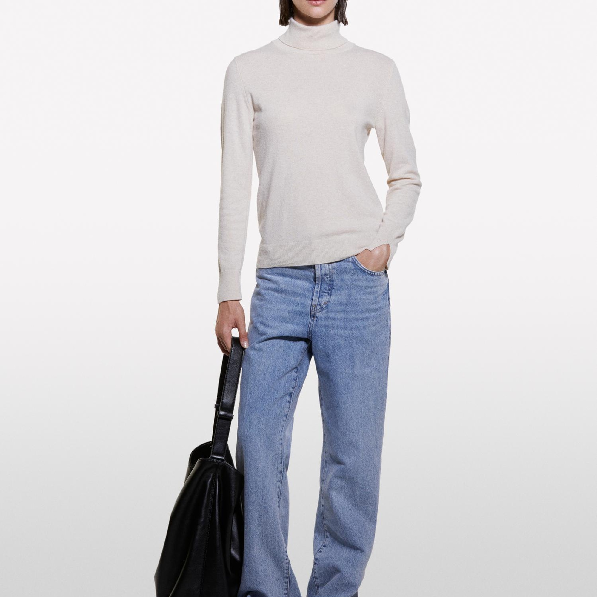 Kadın Krem Yün ve Kaşmir Karışımlı Ribana Detaylı Balıkçı Yaka Kazak