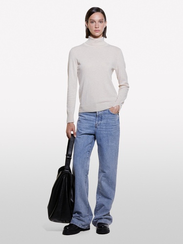  Kadın Krem Yün ve Kaşmir Karışımlı Ribana Detaylı Balıkçı Yaka Kazak