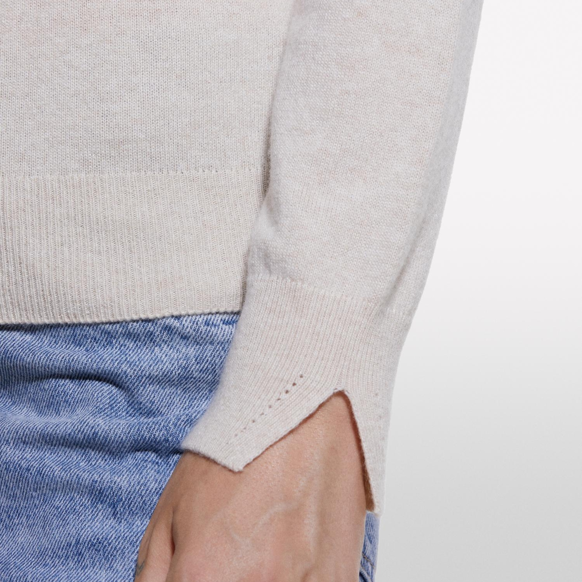 Kadın Krem Yün ve Kaşmir Karışımlı Ribana Detaylı Balıkçı Yaka Kazak