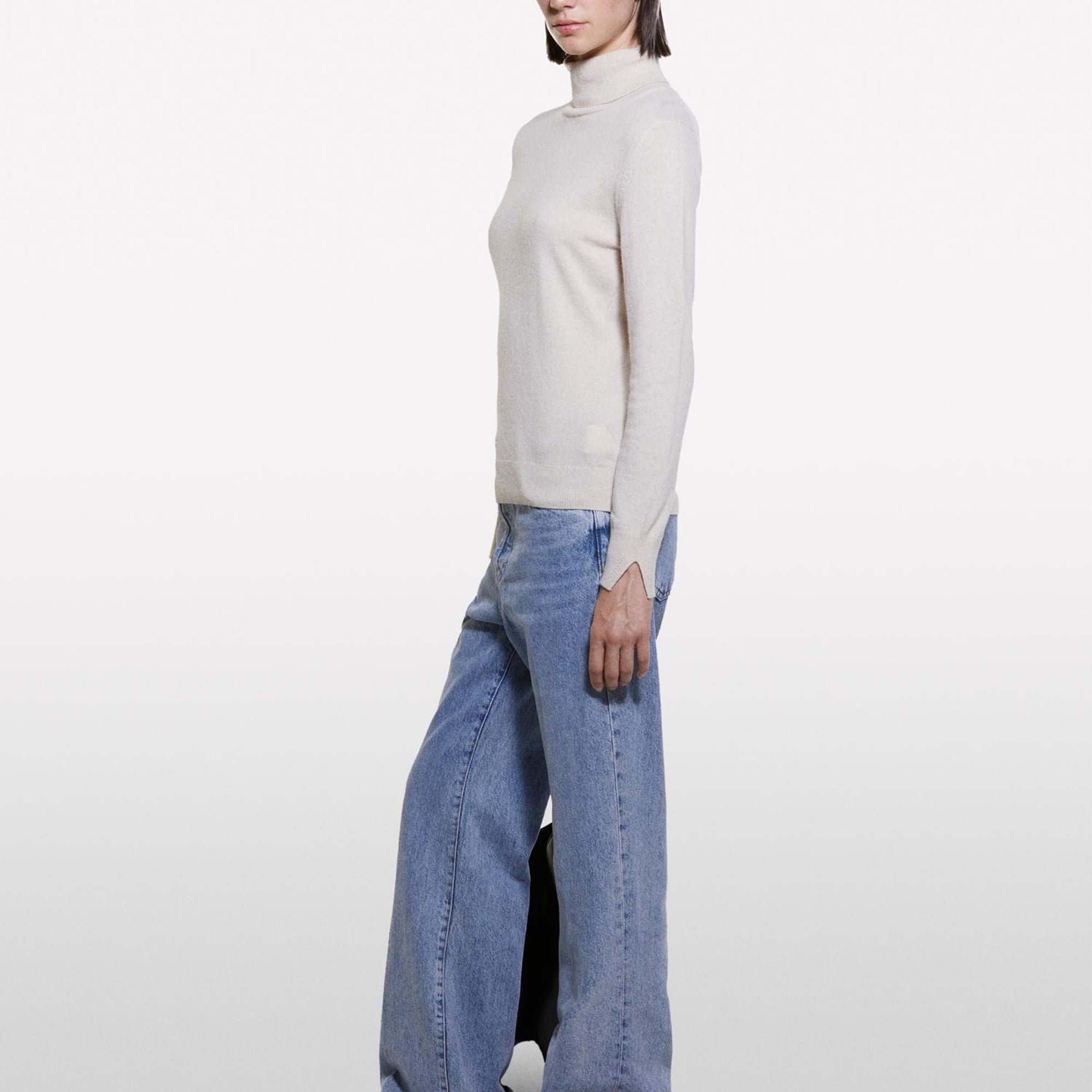 Kadın Krem Yün ve Kaşmir Karışımlı Ribana Detaylı Balıkçı Yaka Kazak