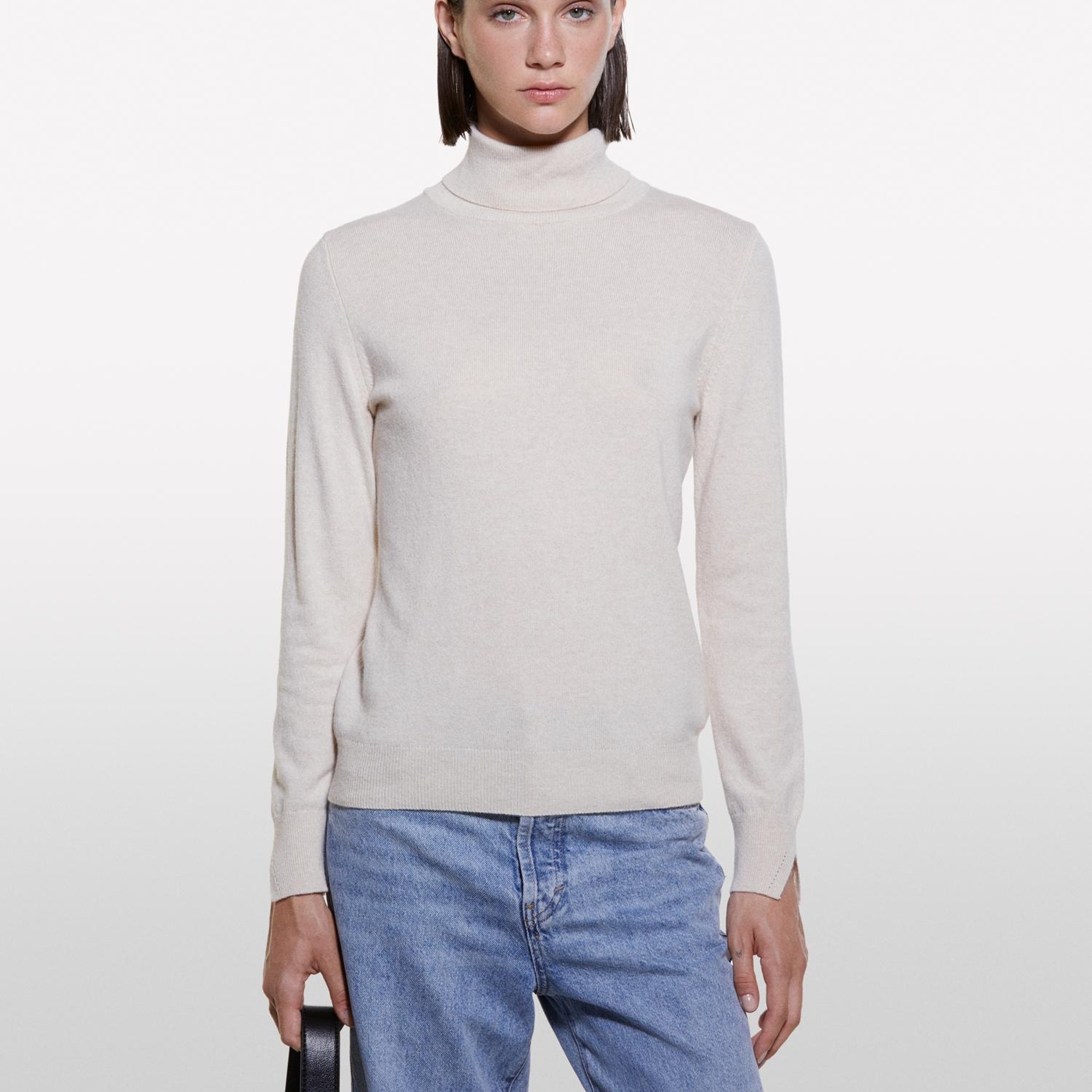 Kadın Krem Yün ve Kaşmir Karışımlı Ribana Detaylı Balıkçı Yaka Kazak