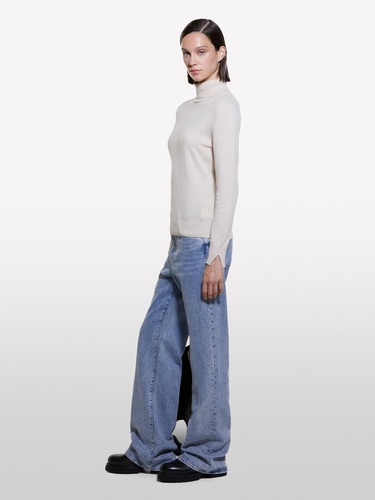  Kadın Krem Yün ve Kaşmir Karışımlı Ribana Detaylı Balıkçı Yaka Kazak