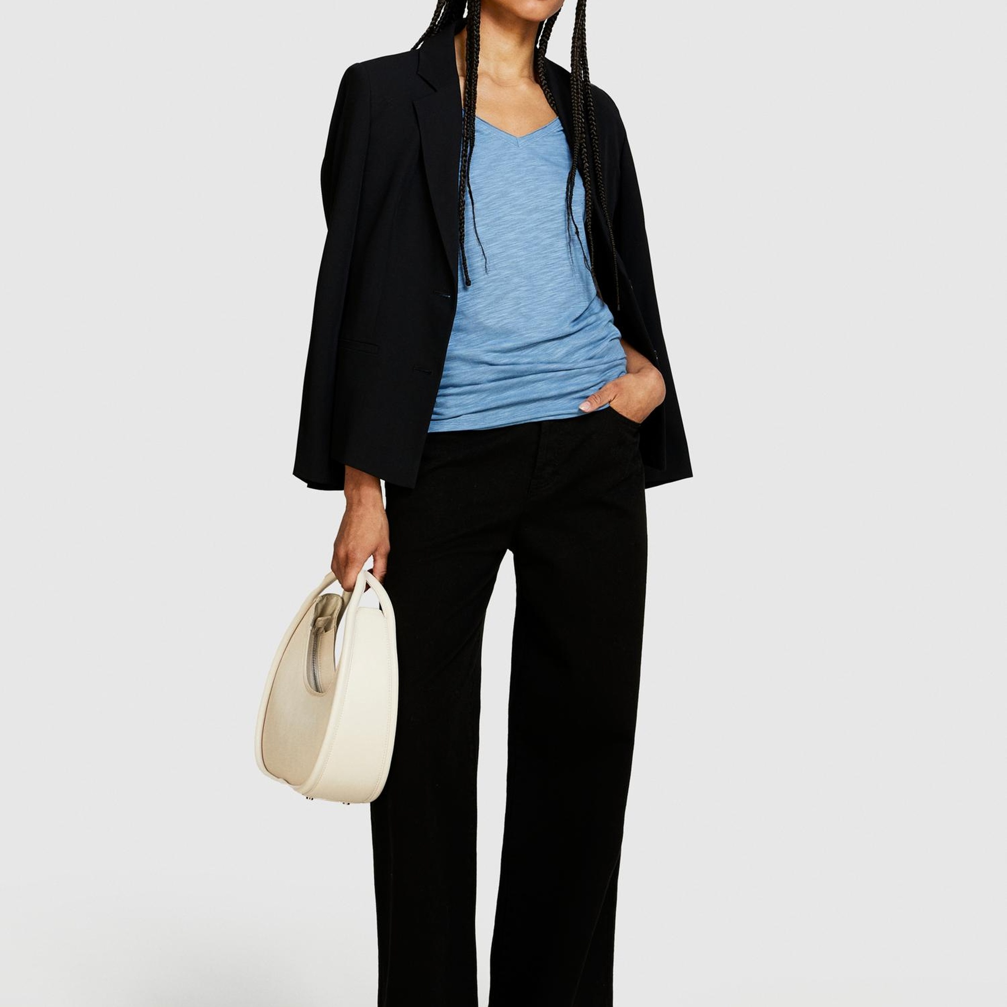 Kadın Açık Mavi Pamuk Modal Karışımlı Normal Kalıp V Yaka Slub T-Shirt