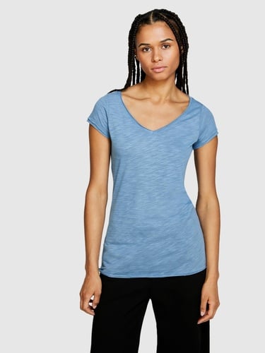  Kadın Açık Mavi Pamuk Modal Karışımlı Normal Kalıp V Yaka Slub T-Shirt