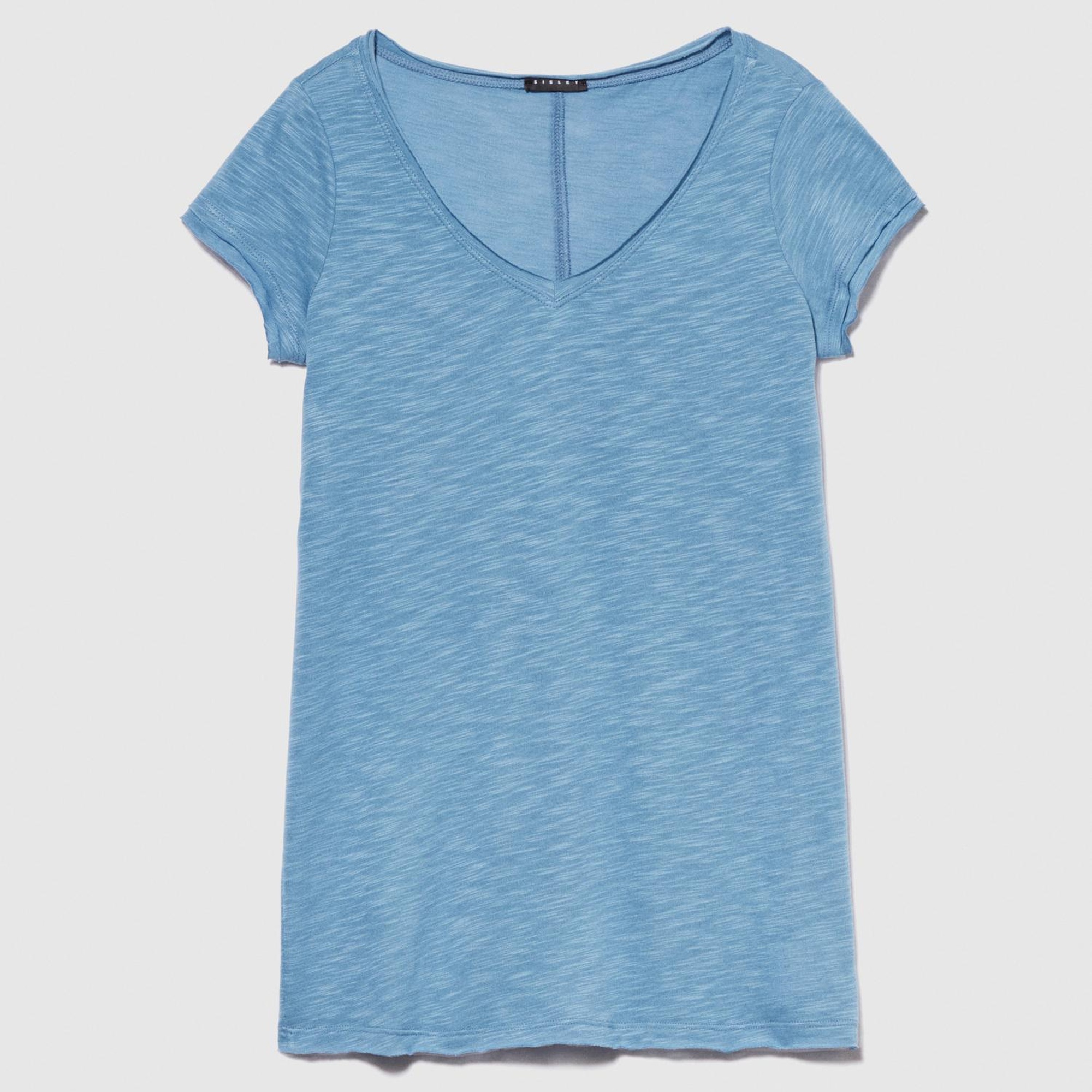 Kadın Açık Mavi Pamuk Modal Karışımlı Normal Kalıp V Yaka Slub T-Shirt