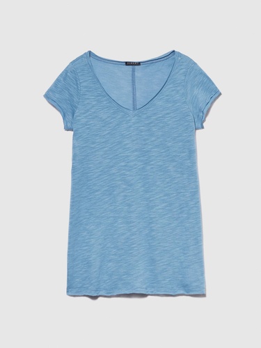  Kadın Açık Mavi Pamuk Modal Karışımlı Normal Kalıp V Yaka Slub T-Shirt