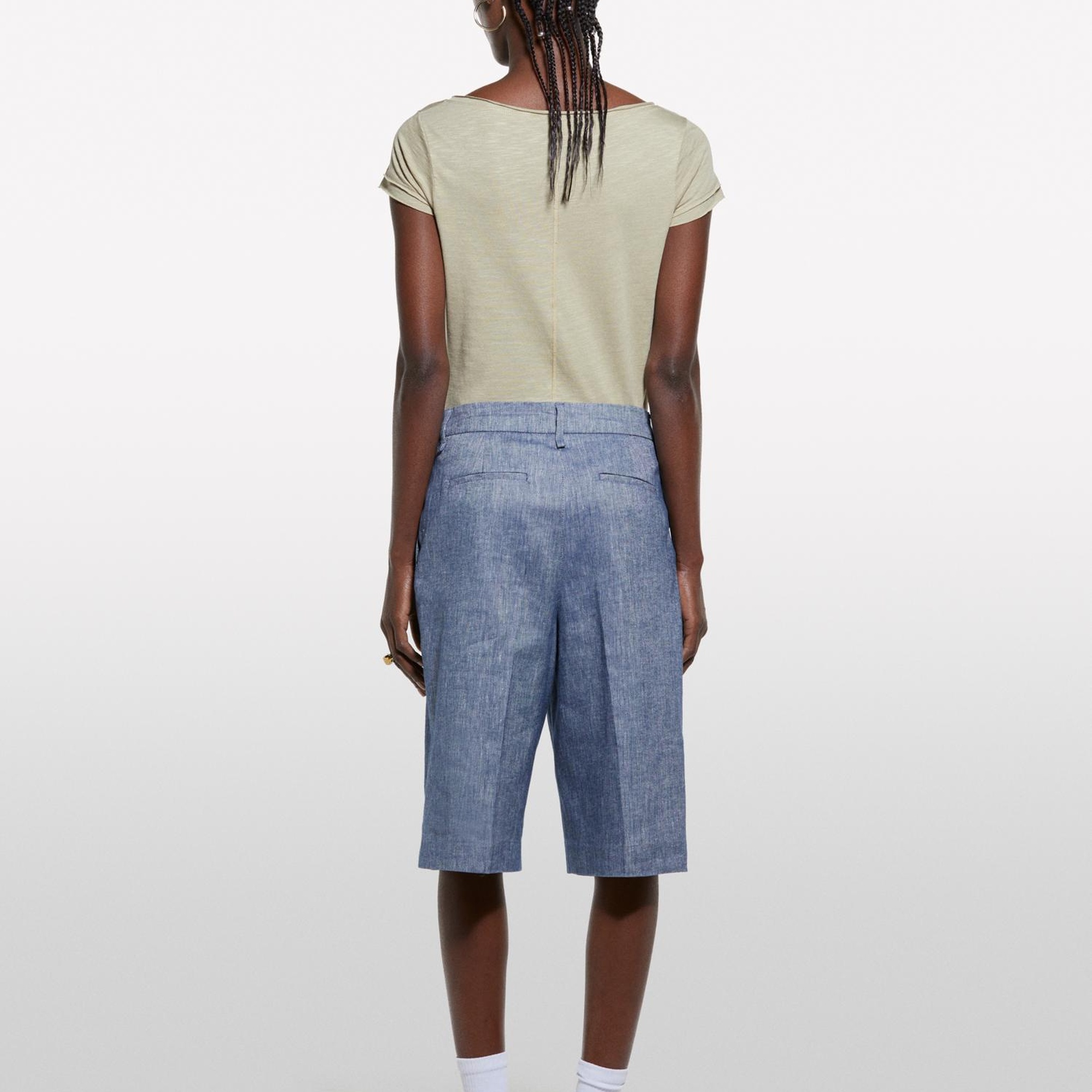 Kadın Kum Rengi Pamuk Modal Karışımlı Normal Kalıp V Yaka Slub T-Shirt