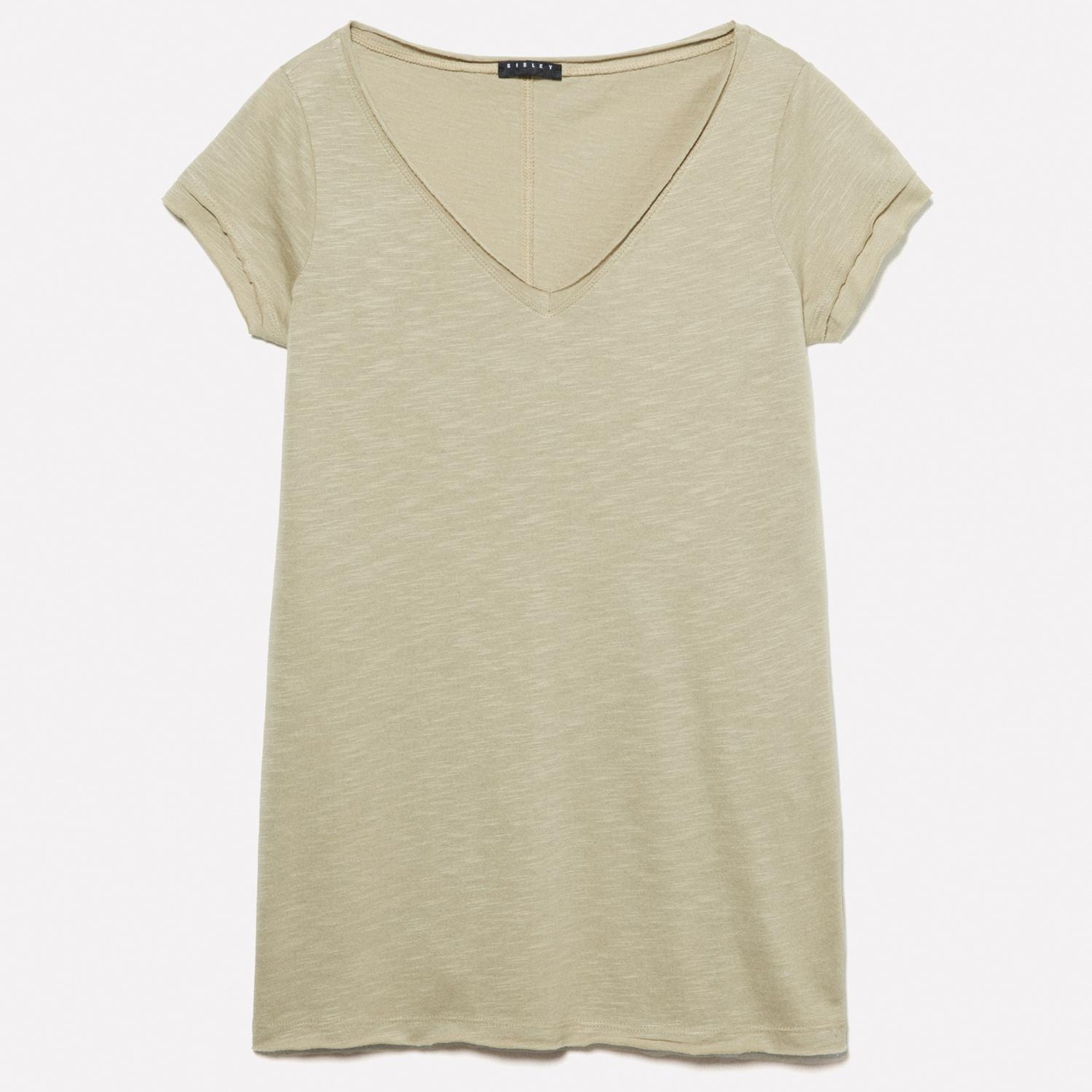 Kadın Kum Rengi Pamuk Modal Karışımlı Normal Kalıp V Yaka Slub T-Shirt