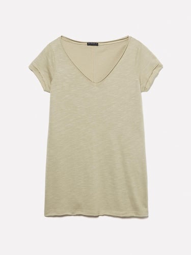  Kadın Kum Rengi Pamuk Modal Karışımlı Normal Kalıp V Yaka Slub T-Shirt