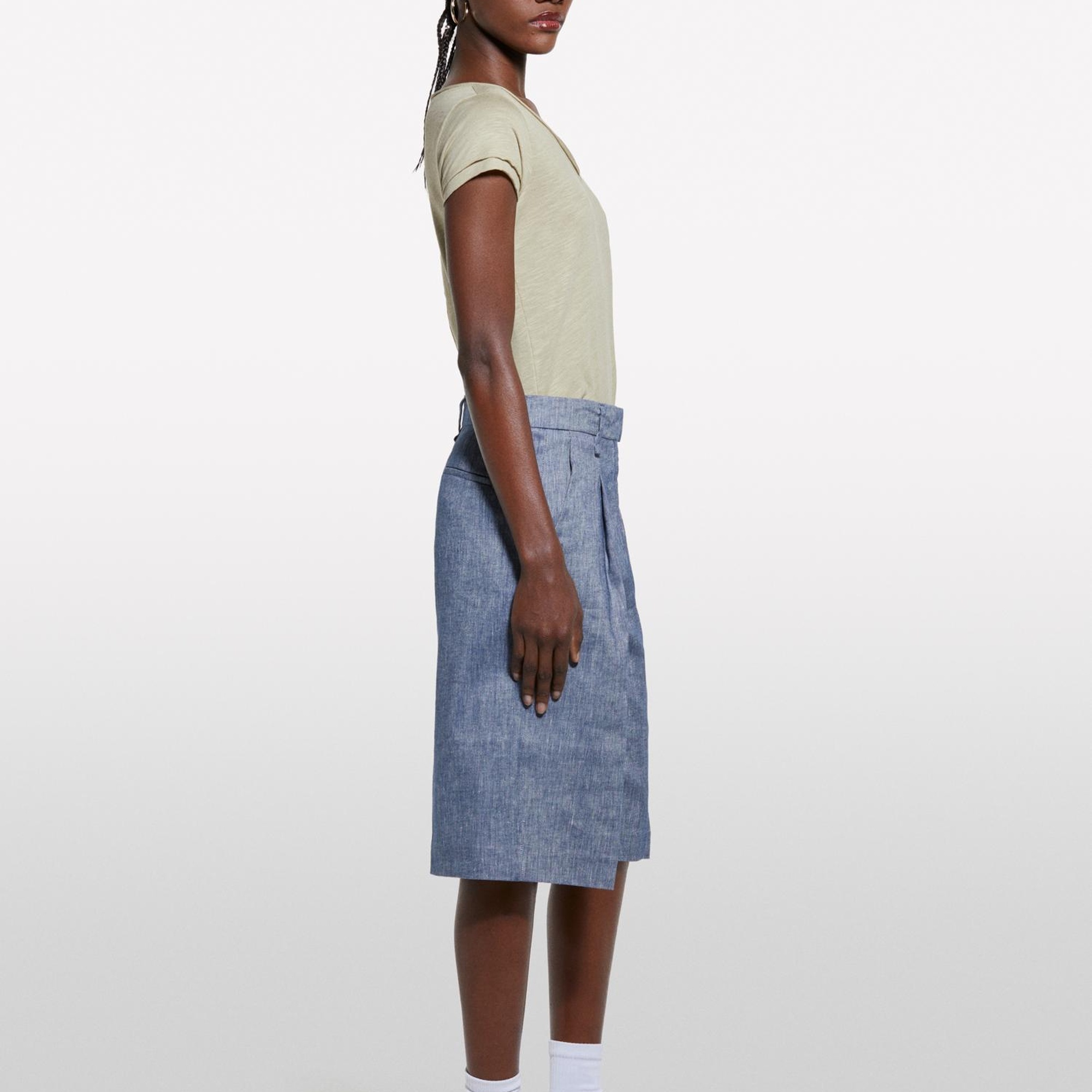 Kadın Kum Rengi Pamuk Modal Karışımlı Normal Kalıp V Yaka Slub T-Shirt