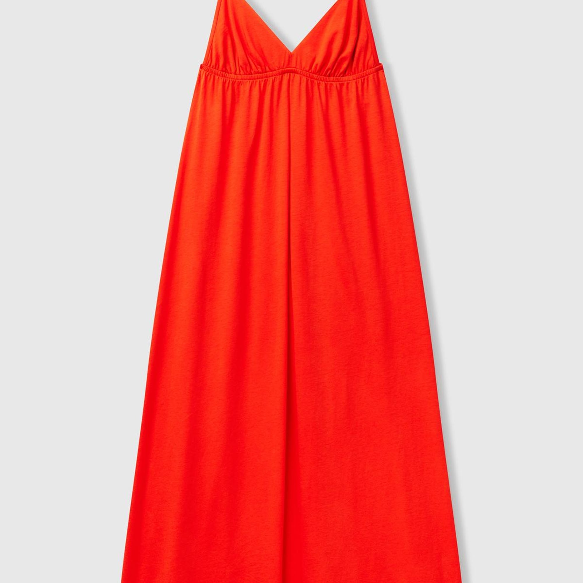 Kadın Turuncu Pamuk ve Viskoz Karışımlı Pileli Askılı V Yaka Uzun Elbise