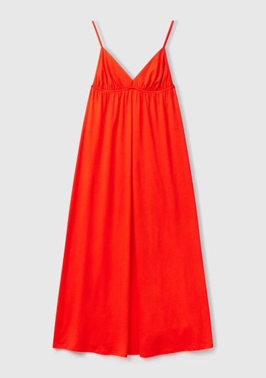  Kadın Turuncu Pamuk ve Viskoz Karışımlı Pileli Askılı V Yaka Uzun Elbise