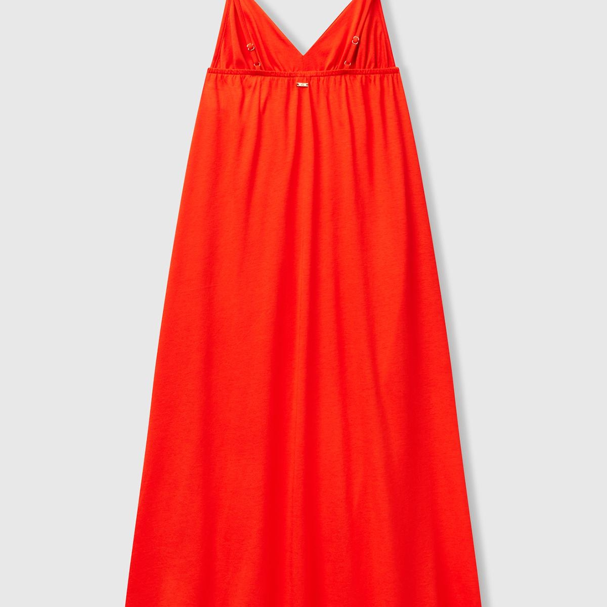 Kadın Turuncu Pamuk ve Viskoz Karışımlı Pileli Askılı V Yaka Uzun Elbise