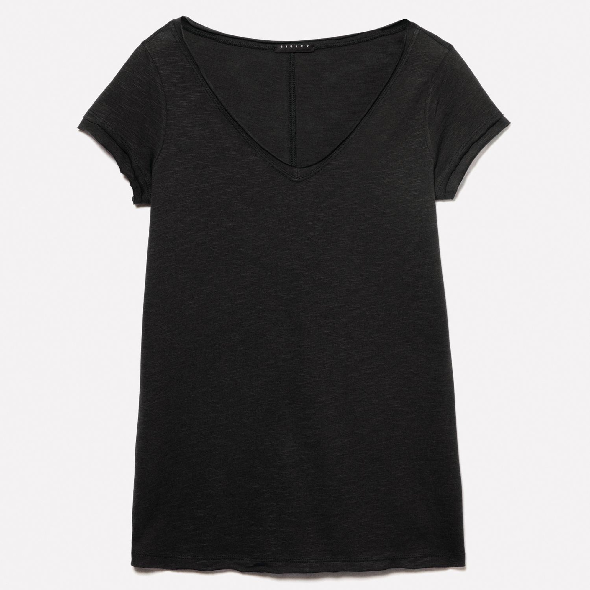 Kadın Siyah Pamuk Modal Karışımlı Normal Kalıp V Yaka Slub T-Shirt