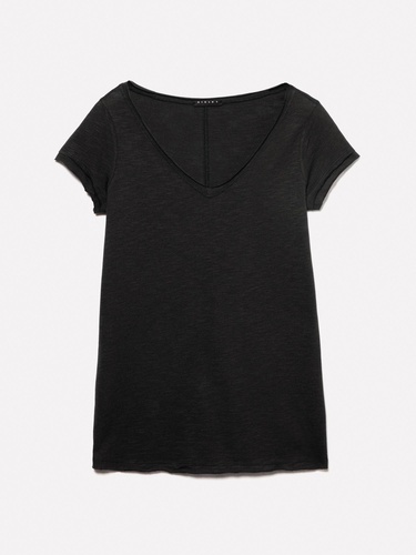  Kadın Siyah Pamuk Modal Karışımlı Normal Kalıp V Yaka Slub T-Shirt