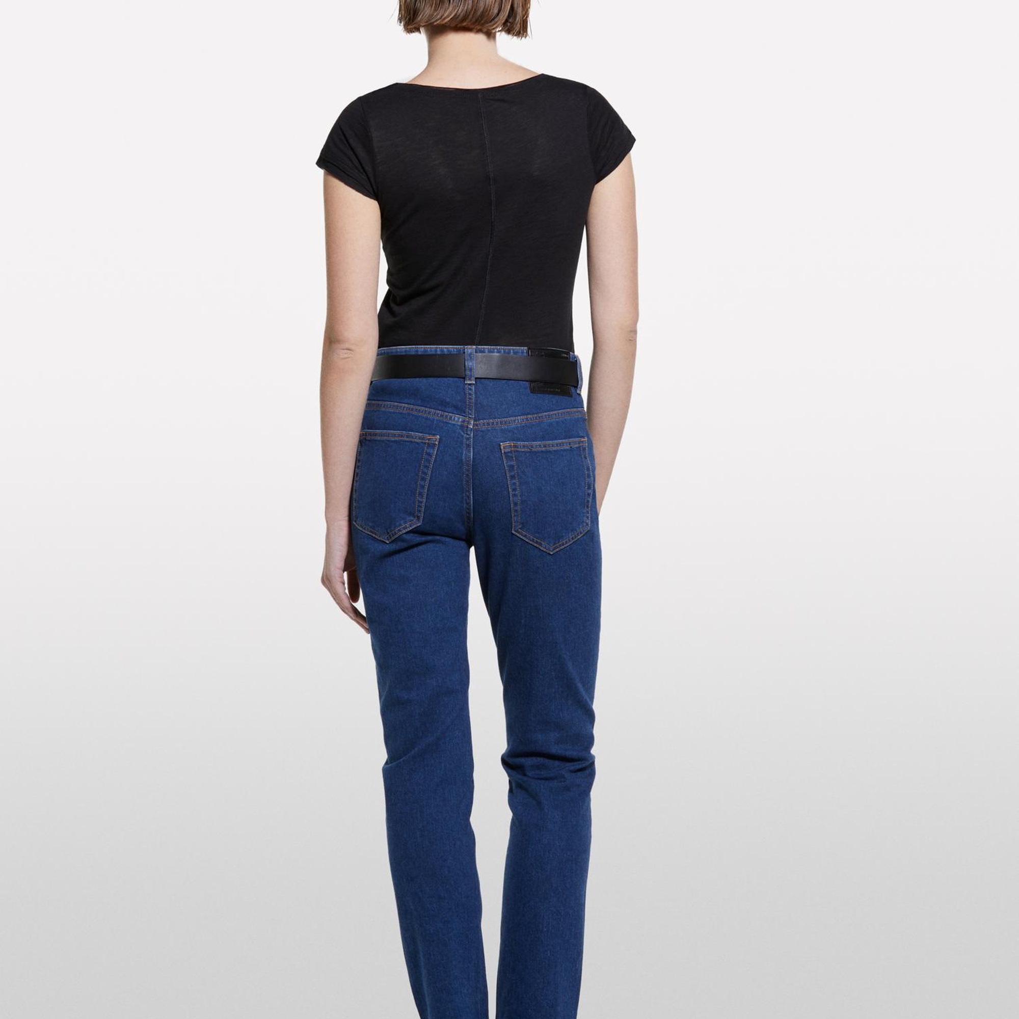 Kadın Siyah Pamuk Modal Karışımlı Normal Kalıp V Yaka Slub T-Shirt