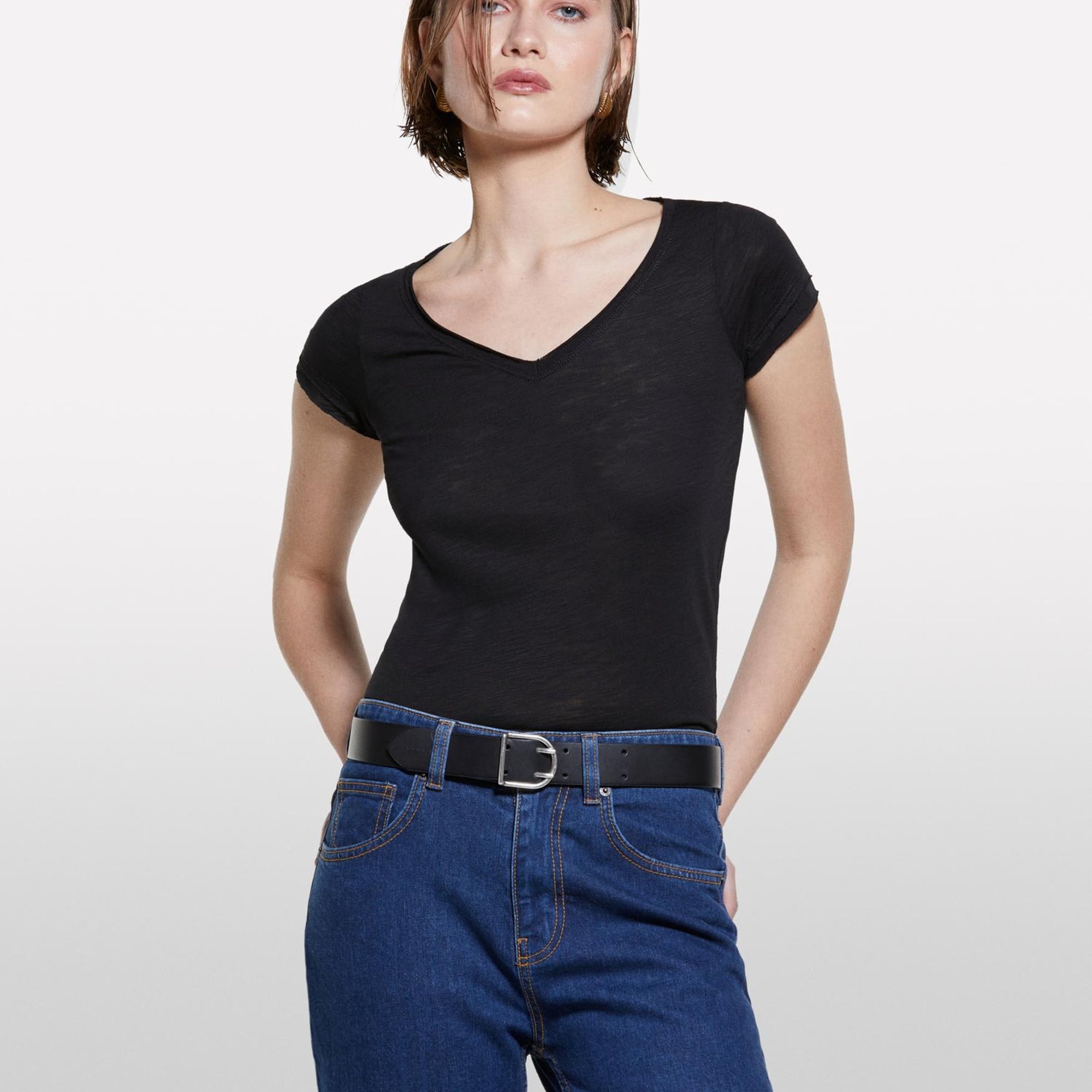 Kadın Siyah Pamuk Modal Karışımlı Normal Kalıp V Yaka Slub T-Shirt