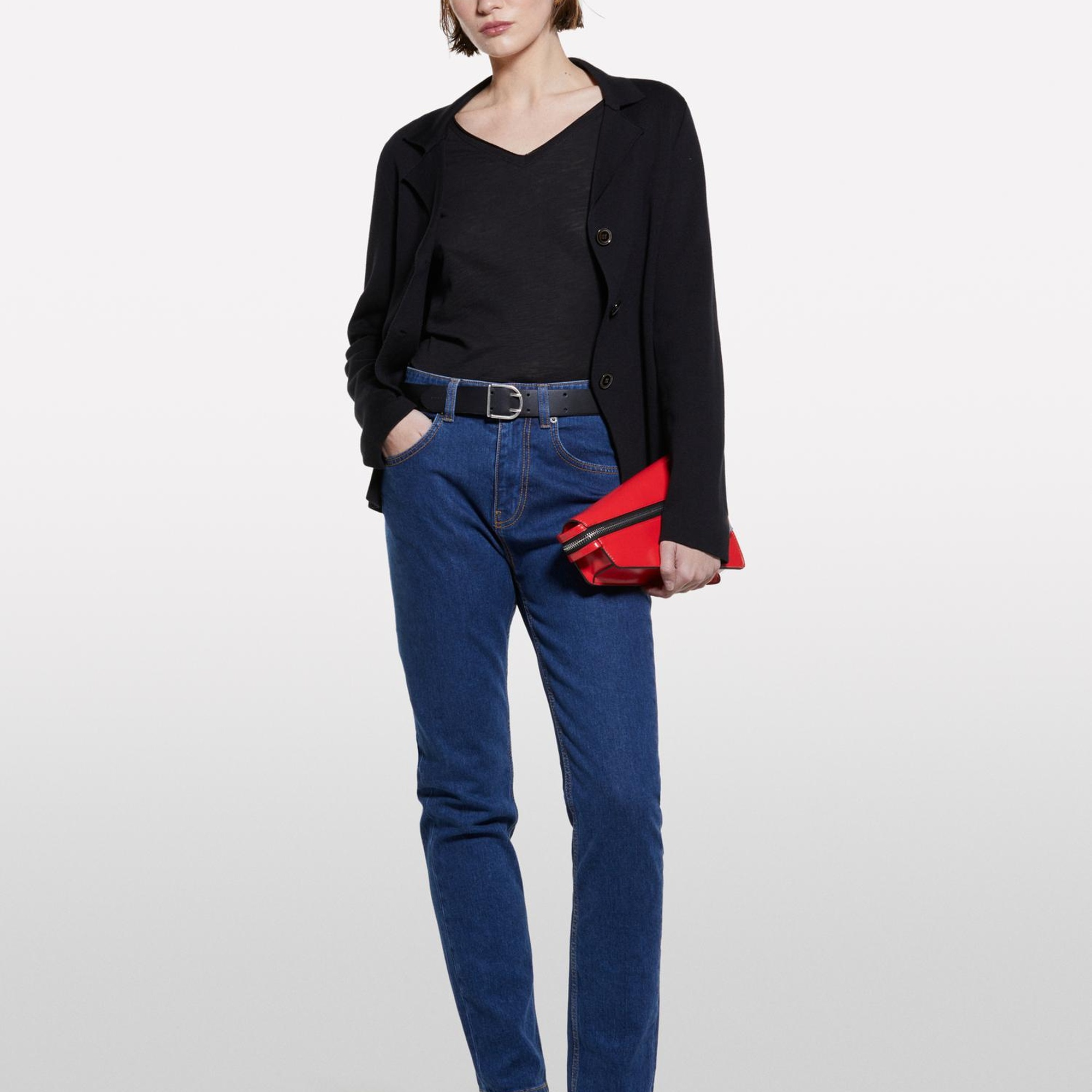 Kadın Siyah Pamuk Modal Karışımlı Normal Kalıp V Yaka Slub T-Shirt