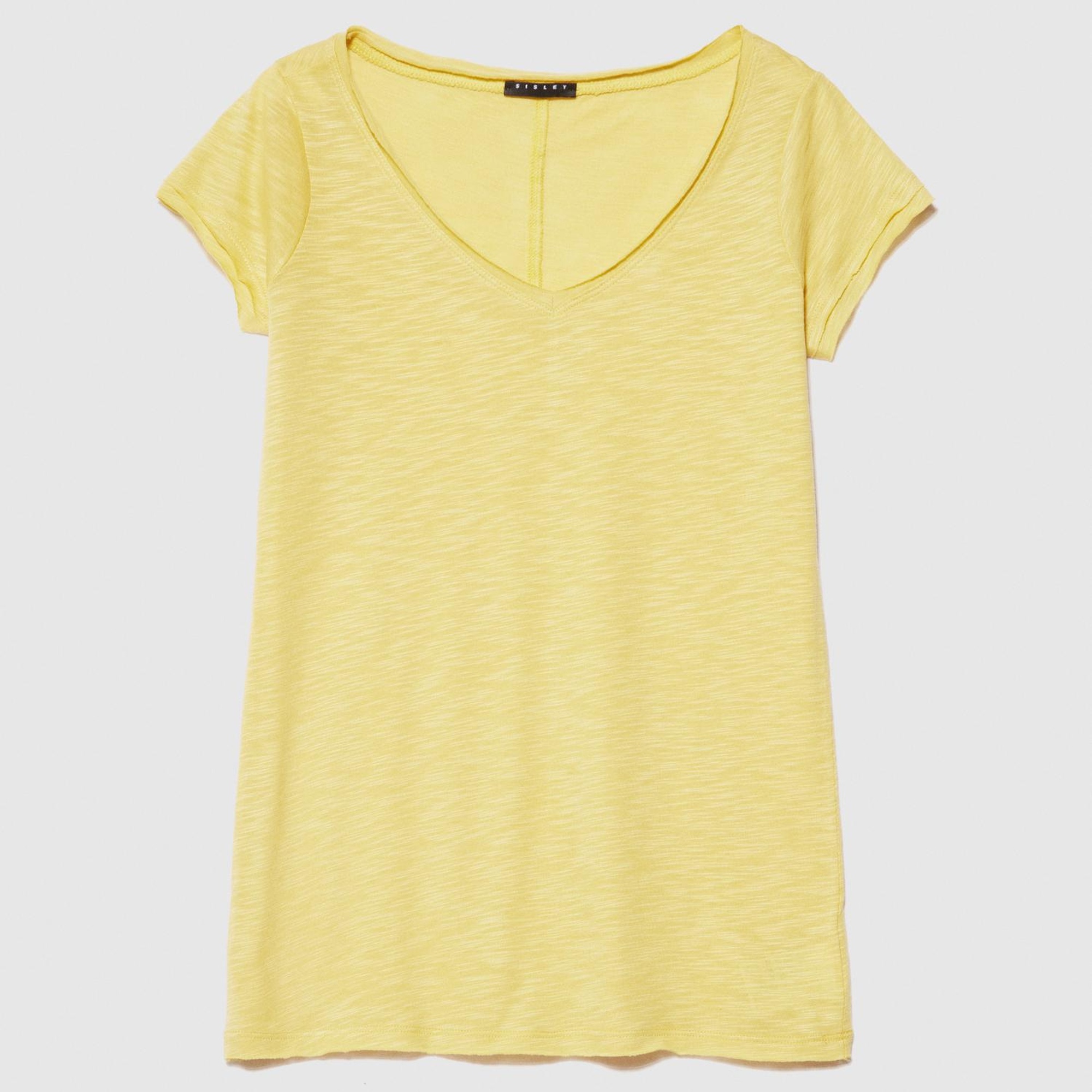 Kadın Sarı Pamuk Modal Karışımlı Normal Kalıp V Yaka Slub T-Shirt