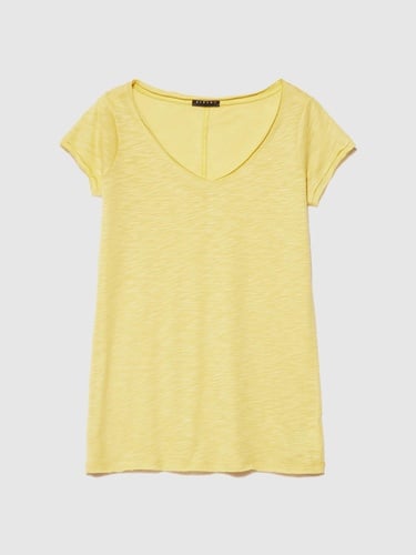  Kadın Sarı Pamuk Modal Karışımlı Normal Kalıp V Yaka Slub T-Shirt