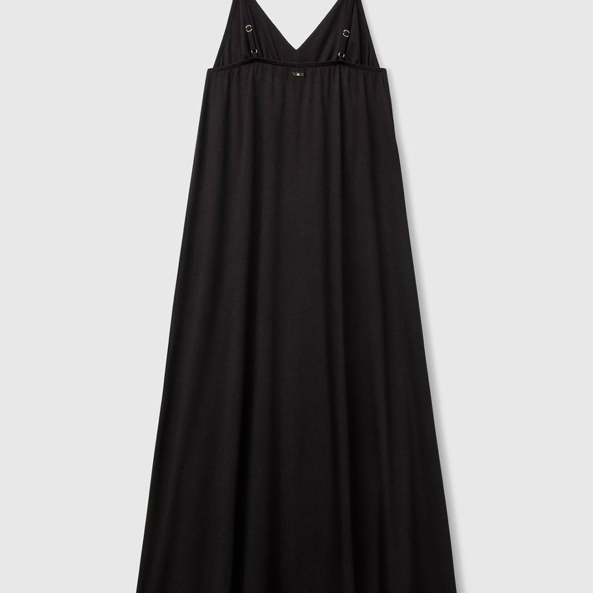 Kadın Siyah Pamuk ve Viskoz Karışımlı Pileli Askılı V Yaka Uzun Elbise
