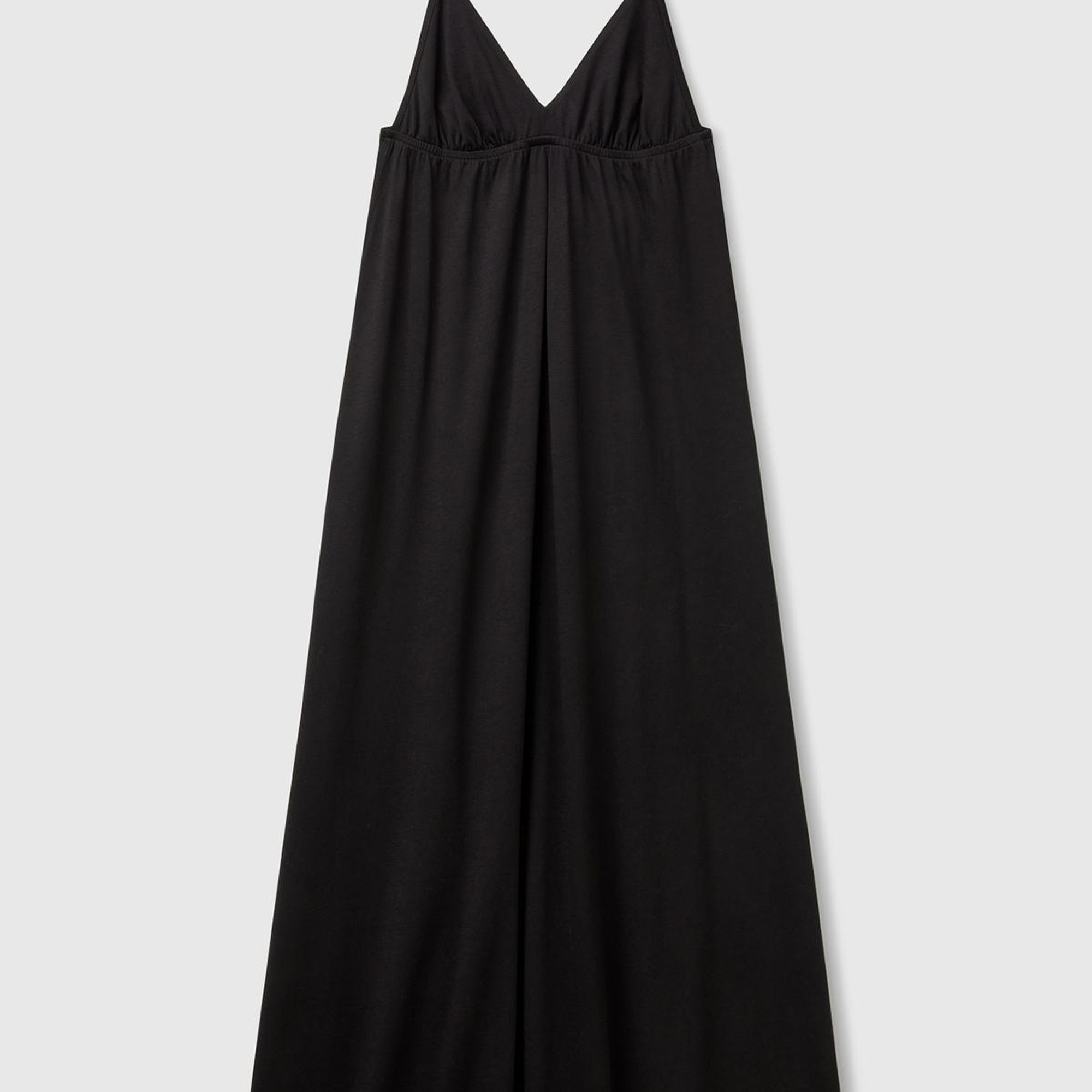 Kadın Siyah Pamuk ve Viskoz Karışımlı Pileli Askılı V Yaka Uzun Elbise