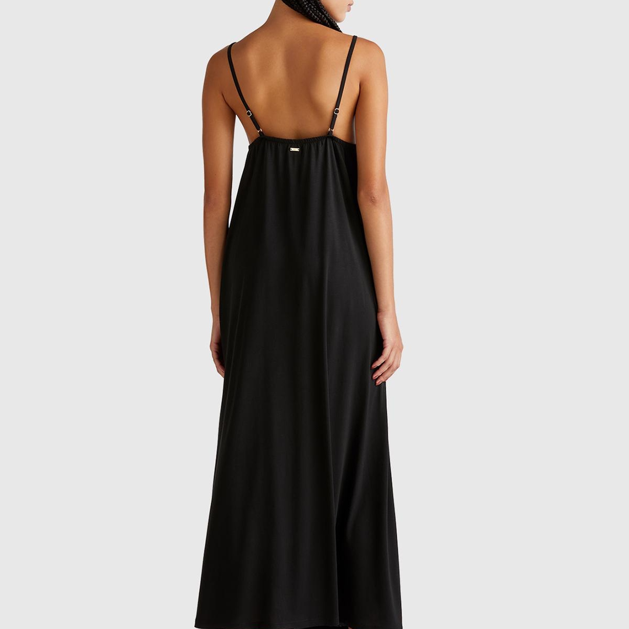 Kadın Siyah Pamuk ve Viskoz Karışımlı Pileli Askılı V Yaka Uzun Elbise