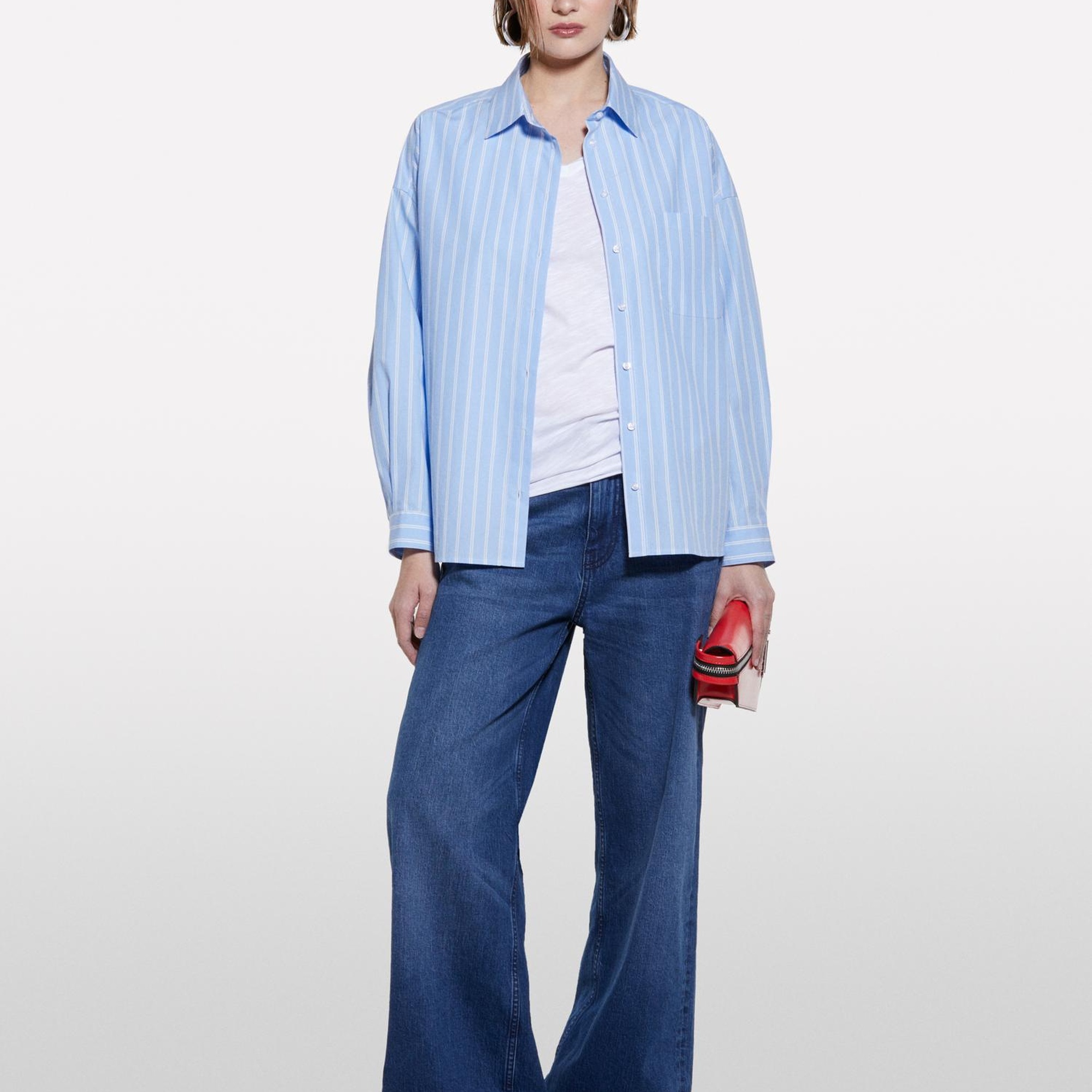 Kadın Beyaz Pamuk Modal Karışımlı Normal Kalıp V Yaka Slub T-Shirt