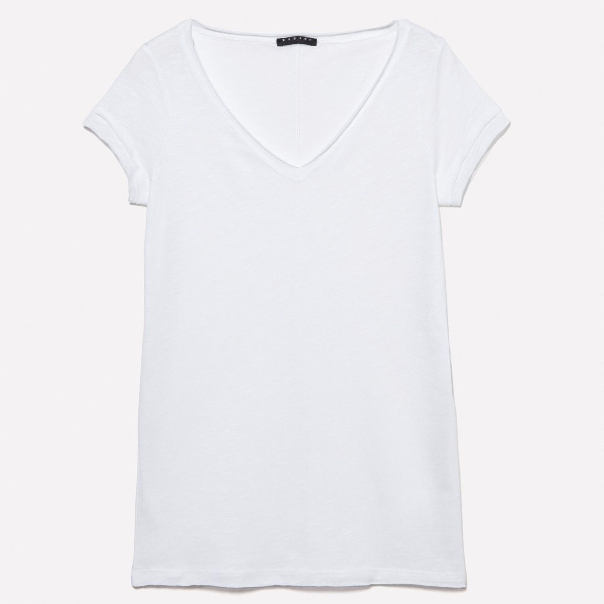 Kadın Beyaz Pamuk Modal Karışımlı Normal Kalıp V Yaka Slub T-Shirt