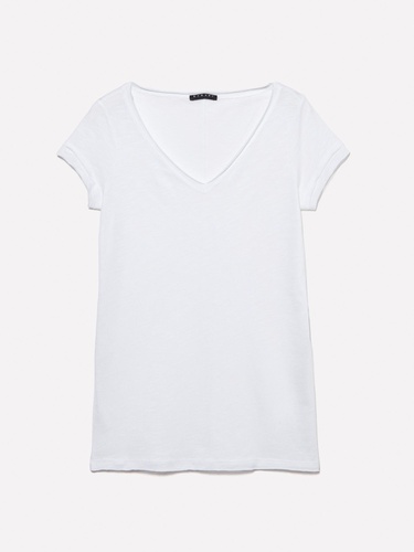  Kadın Beyaz Pamuk Modal Karışımlı Normal Kalıp V Yaka Slub T-Shirt