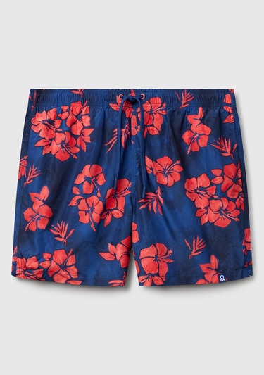  Erkek Lacivert Mix Desenli Arkası Cep Detaylı Büzgü İpli Deniz Şortu