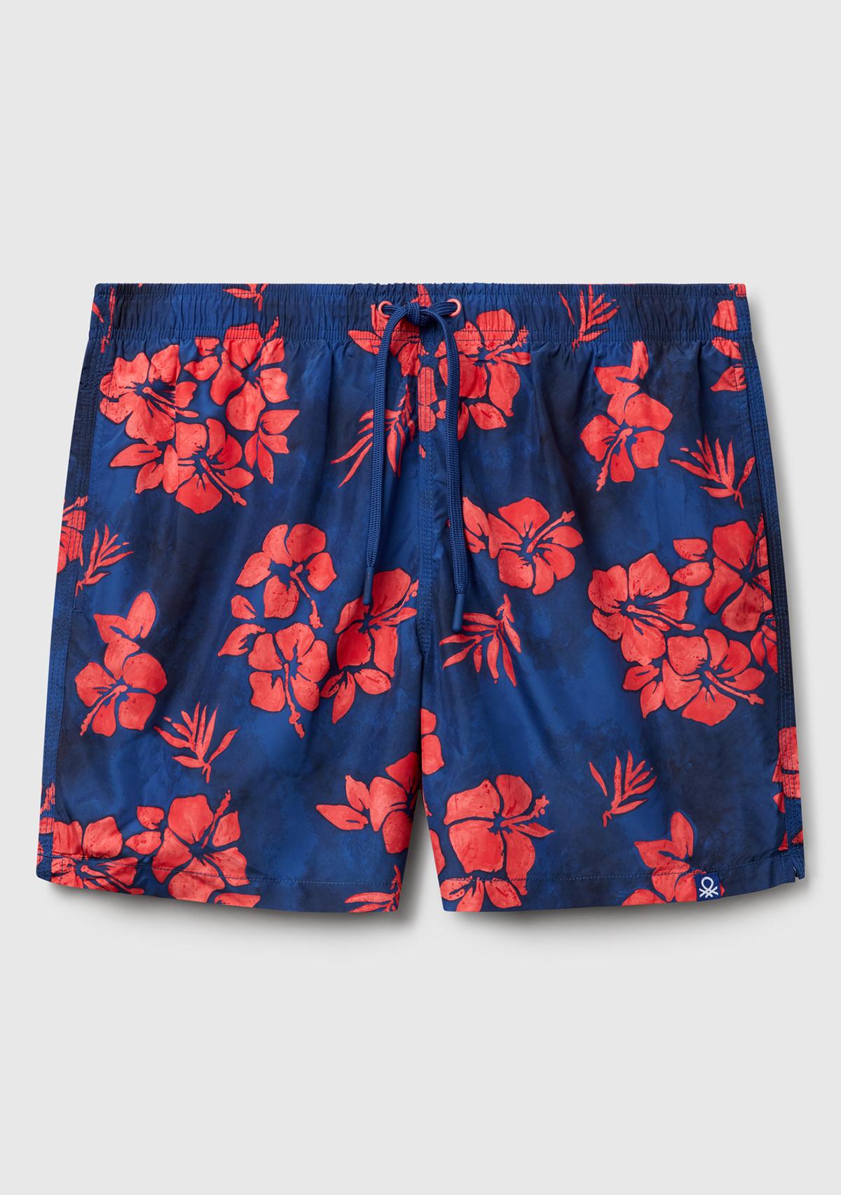  Erkek Lacivert Mix Desenli Arkası Cep Detaylı Büzgü İpli Deniz Şortu