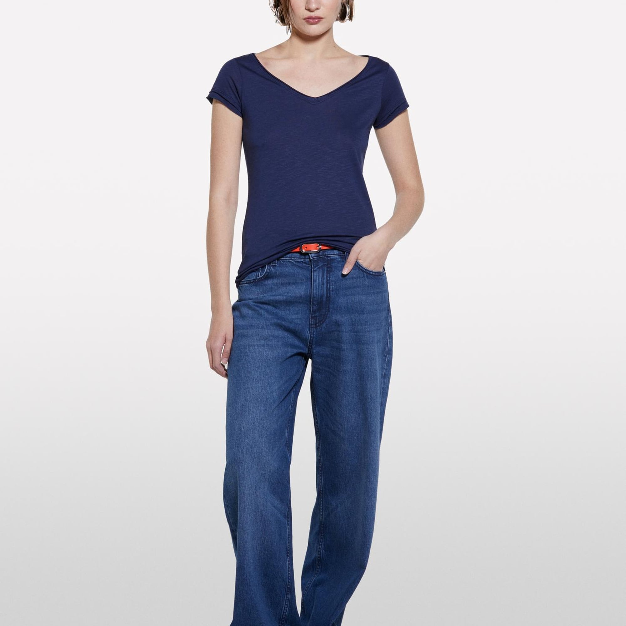 Kadın Lacivert Pamuk Modal Karışımlı Normal Kalıp V Yaka Slub T-Shirt