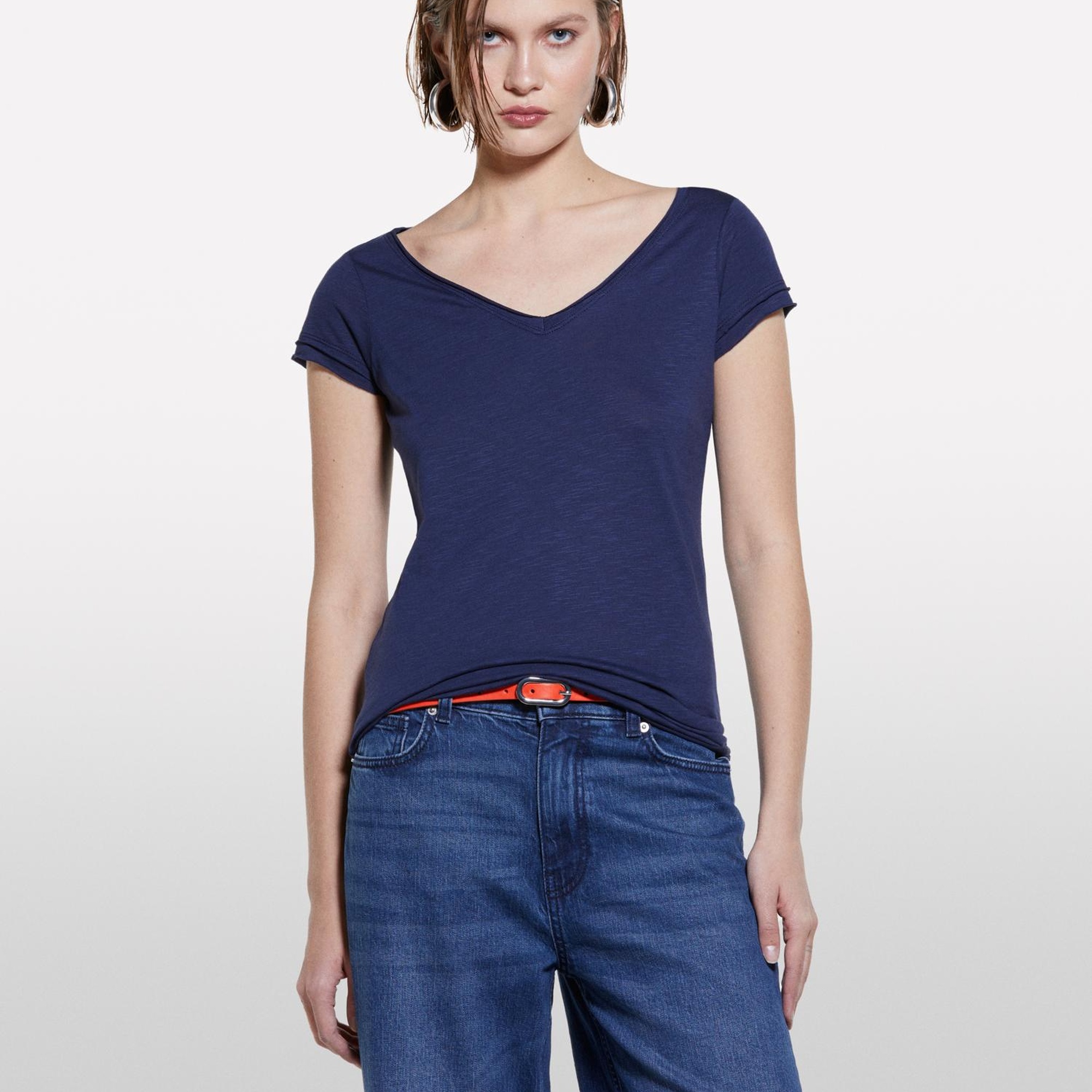 Kadın Lacivert Pamuk Modal Karışımlı Normal Kalıp V Yaka Slub T-Shirt