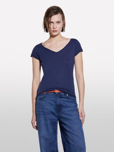  Kadın Lacivert Pamuk Modal Karışımlı Normal Kalıp V Yaka Slub T-Shirt