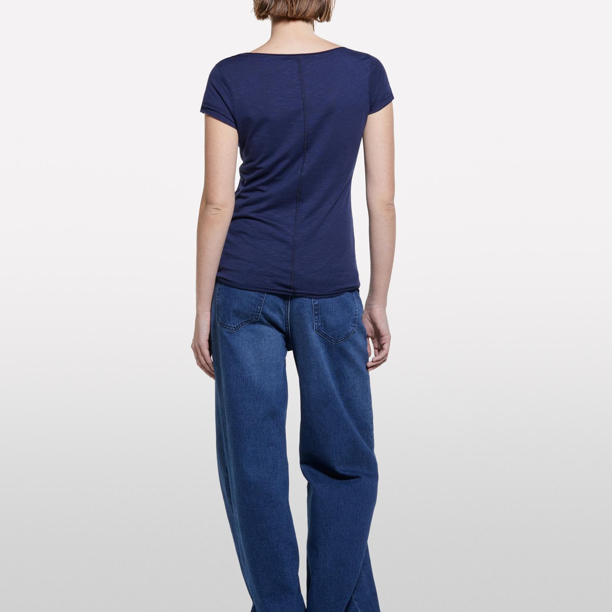 Kadın Lacivert Pamuk Modal Karışımlı Normal Kalıp V Yaka Slub T-Shirt