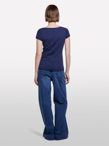  Kadın Lacivert Pamuk Modal Karışımlı Normal Kalıp V Yaka Slub T-Shirt