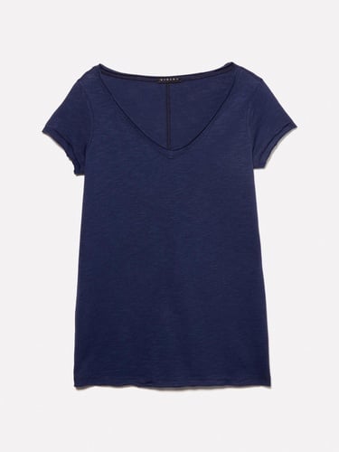  Kadın Lacivert Pamuk Modal Karışımlı Normal Kalıp V Yaka Slub T-Shirt