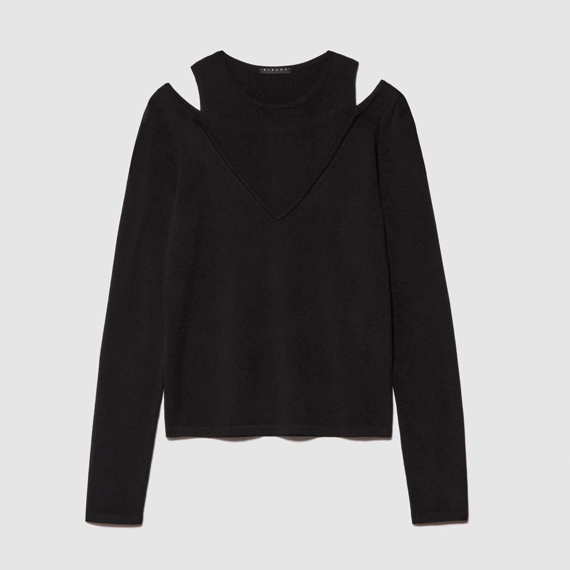 Kadın Siyah Viskoz Karışımlı Önü Pencere Detaylı Dar Kesim Kazak