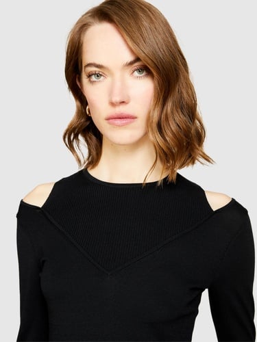  Kadın Siyah Viskoz Karışımlı Önü Pencere Detaylı Dar Kesim Kazak