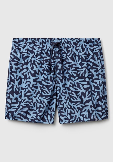  Erkek Lacivert Desenli Arkası Cep Detaylı Büzgü İpli Deniz Şortu