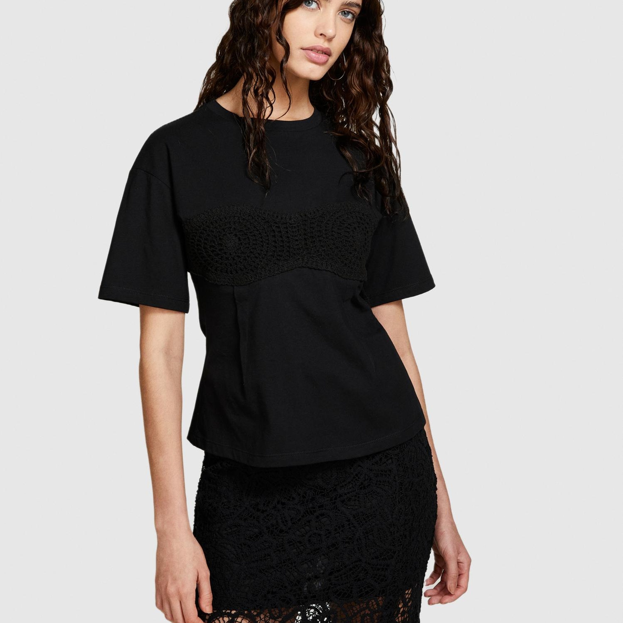 Kadın Siyah %100 Pamuk Göğsü Dantel Detaylı Korse T-Shirt