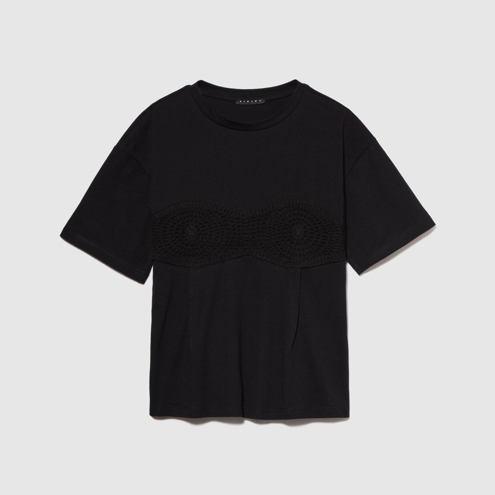 Kadın Siyah %100 Pamuk Göğsü Dantel Detaylı Korse T-Shirt