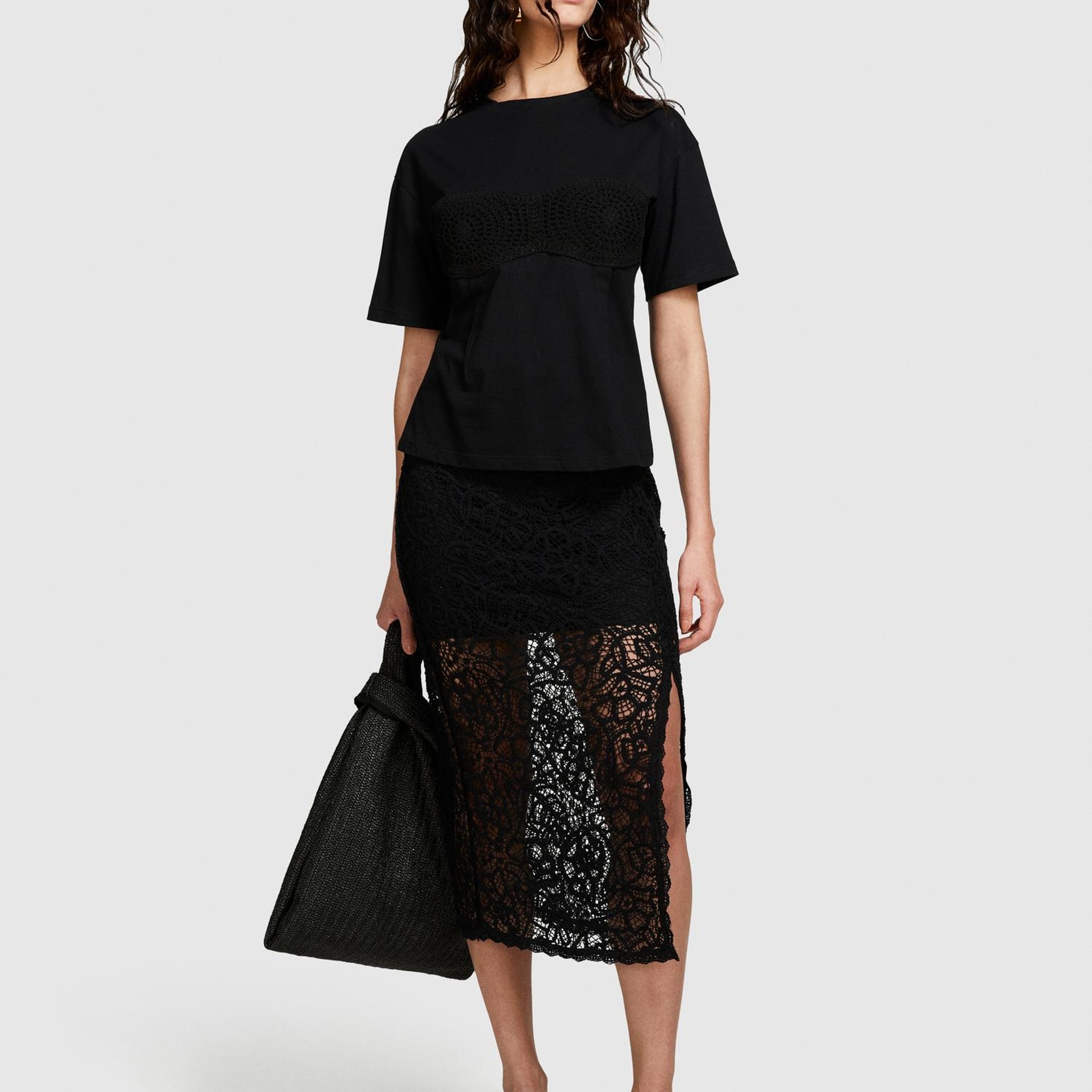 Kadın Siyah %100 Pamuk Göğsü Dantel Detaylı Korse T-Shirt