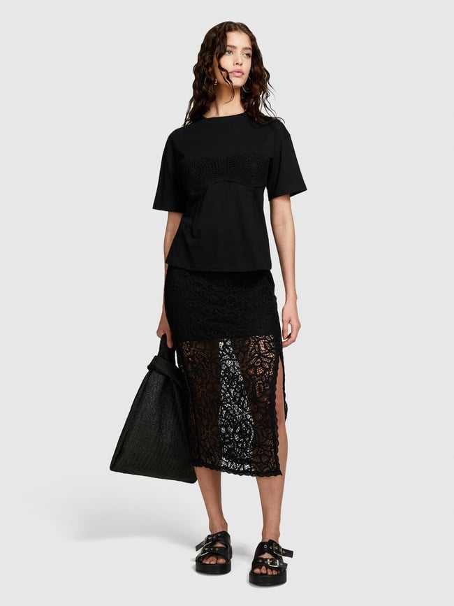  Kadın Siyah %100 Pamuk Göğsü Dantel Detaylı Korse T-Shirt